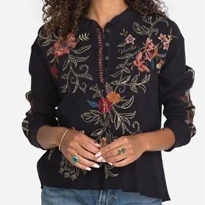 Gorgeous Johnny Was Black Floral Embroidered Henley Style Top